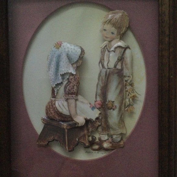 Vintage Paper Tole 3D paper cut paper art two girls signed framed ba - Picture 2 of 3